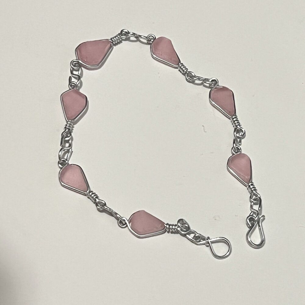 Rose Quartz Conch Shell Teardrop‎ Stone Handmade Silver Chain Bracelet